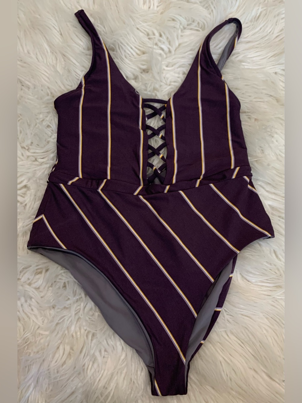 Maaji Lattice Plunge Hi Cut Striped One Piece Swimsuit Purple Size Medium